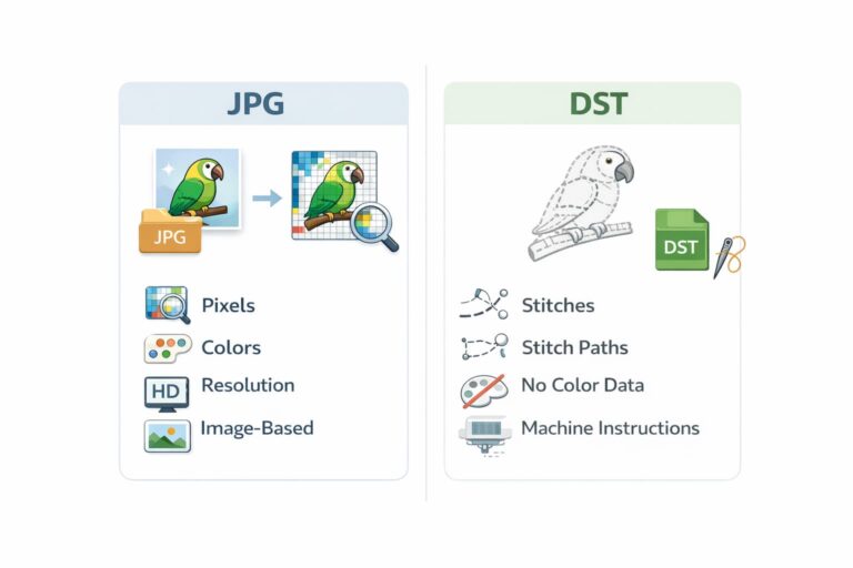 JPG vs DST format comparison for embroidery digitizing